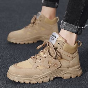 Men Tactical Military Army Boots Breathable Leather High Top Casual Desert Work Shoes Winter Mens SWAT Ankle Combat Boots (Color: Khaki)